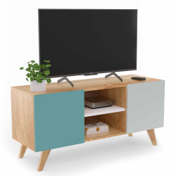 Meuble TV 113 cm scandinave ALICE bleu, gris et blanc