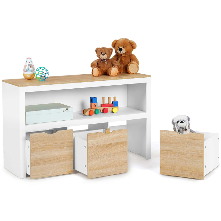 Meuble de rangement enfant MANA blanc et hêtre 3 tiroirs cubes sur roulettes