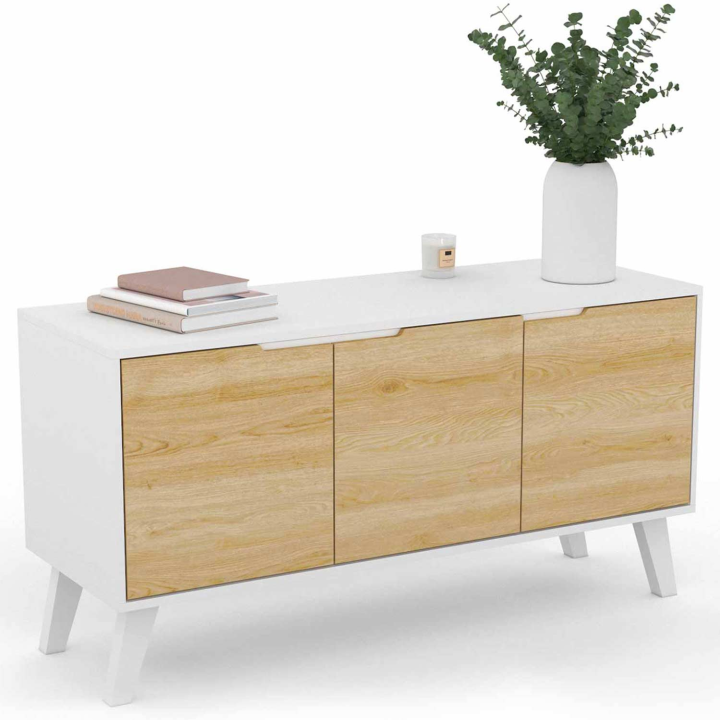 Buffet bas scandinave 113 cm FINN blanc 3 portes façon hêtre