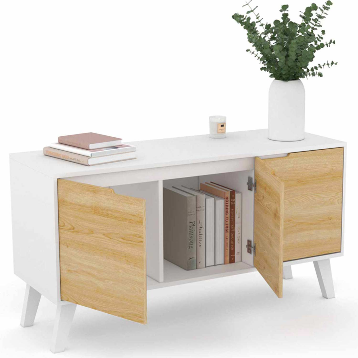 Buffet bas scandinave 113 cm FINN blanc 3 portes façon hêtre