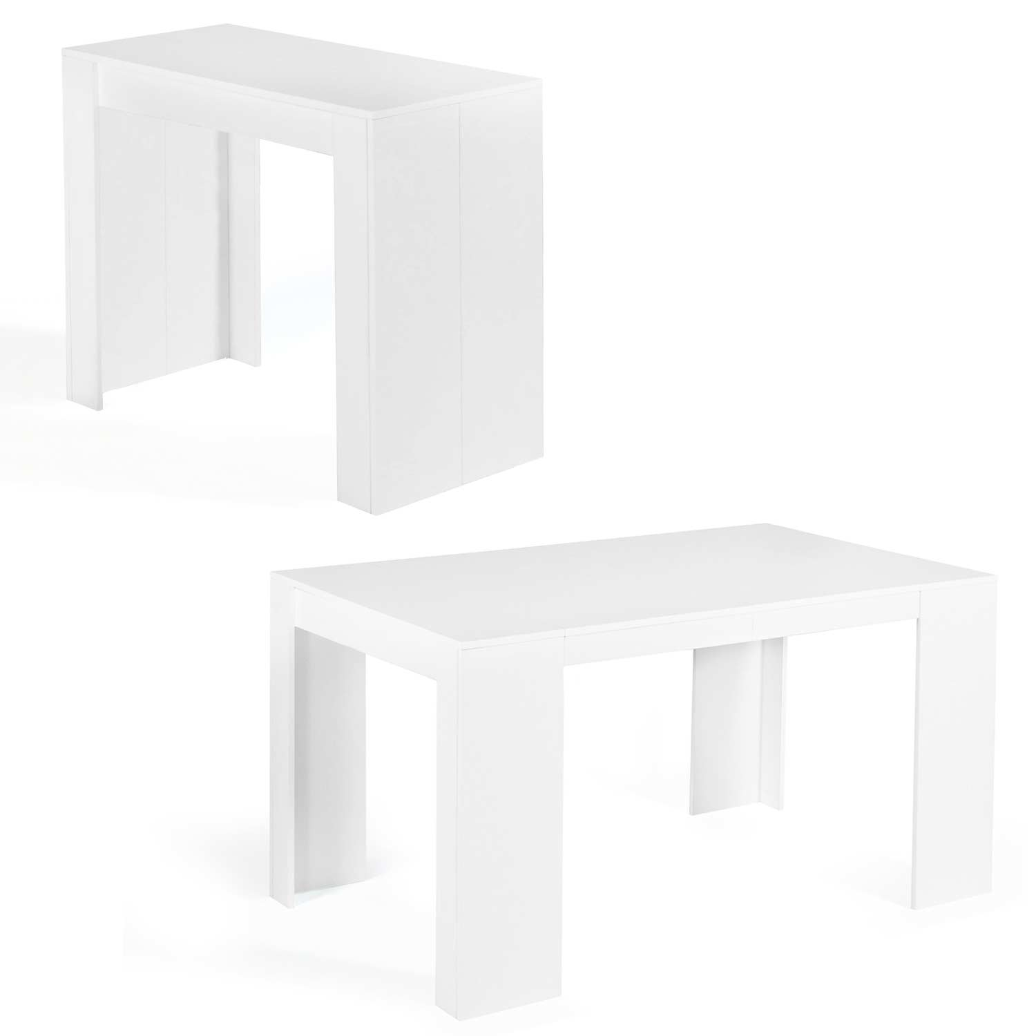 Table Console extensible avec rallonges, jusqu'à 300 cm, Blanc Brillant.