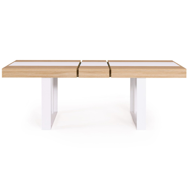 Table à manger extensible rectangle PHOENIX 6-10 personnes bois et blanc bande centrale blanche 160-200 cm