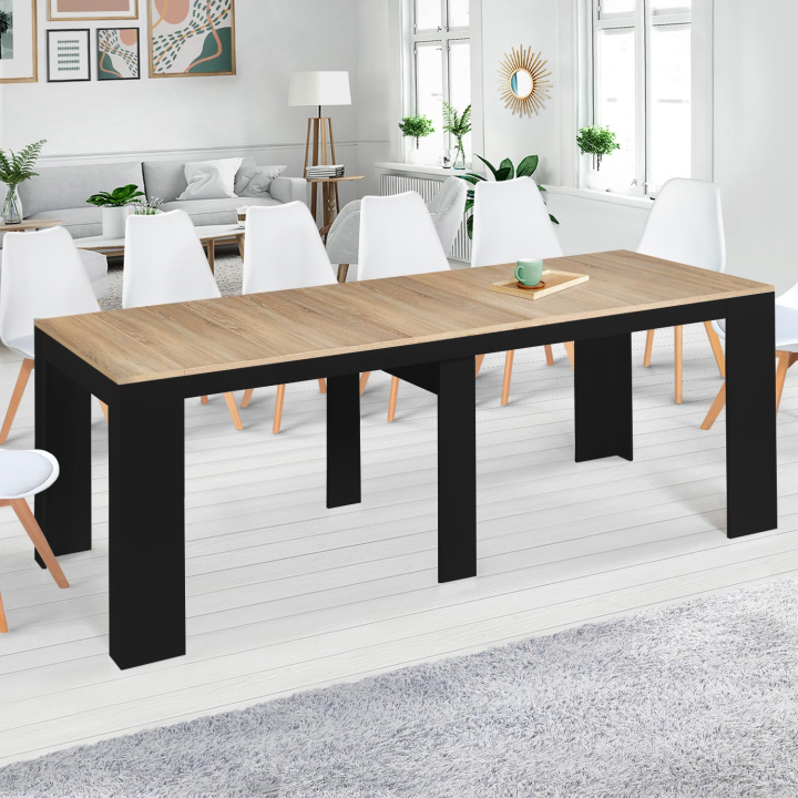 Table console extensible ORLANDO 14 personnes 300 cm bois noir et façon hêtre