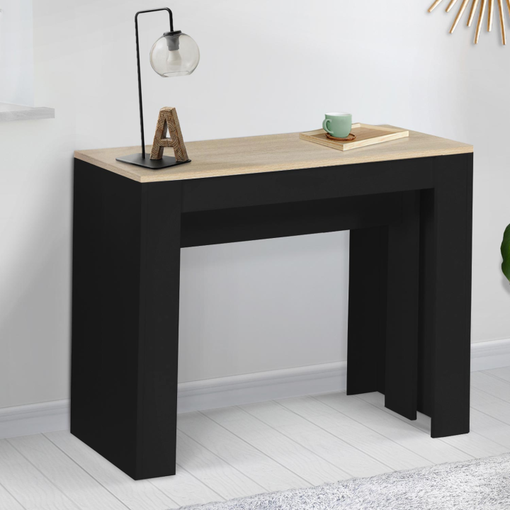 Table console extensible ORLANDO 14 personnes 300 cm bois noir et façon hêtre