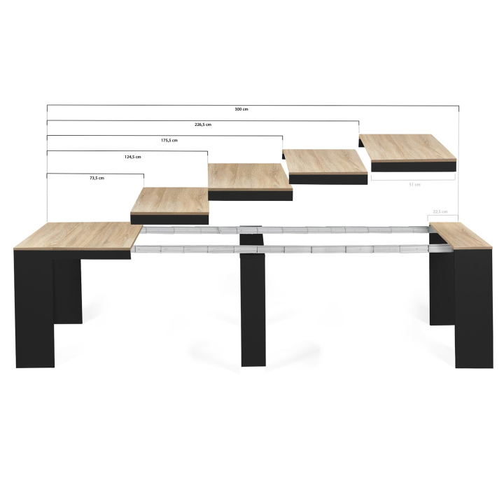 Table console extensible ORLANDO 14 personnes 300 cm bois noir et façon hêtre