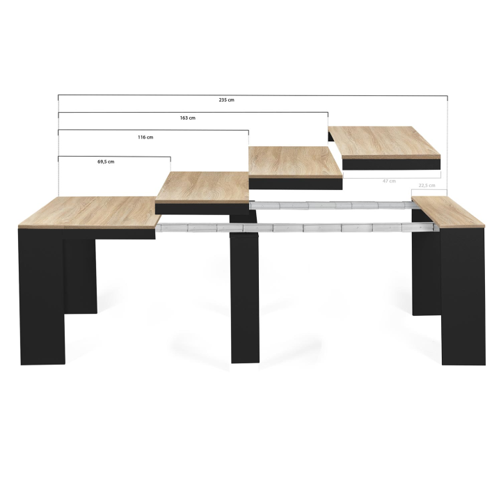 Table console extensible ORLANDO 10 personnes 235 cm bois noir et façon hêtre