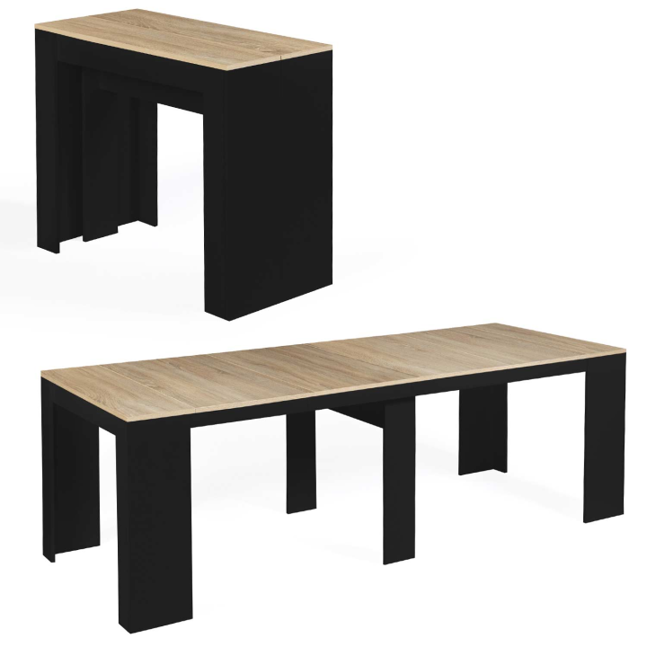 Table console extensible ORLANDO 10 personnes 235 cm bois noir et façon hêtre