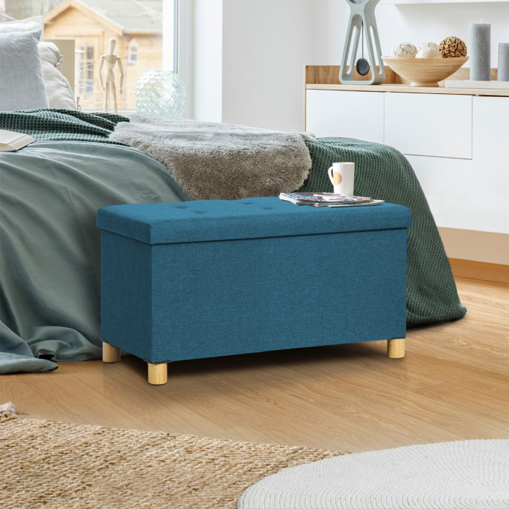 Banc coffre rangement sur pied 76 cm tissu bleu canard