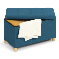 Banc coffre rangement sur pied 76 cm tissu bleu canard