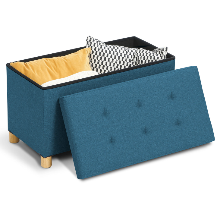 Banc coffre rangement sur pied 76 cm tissu bleu canard