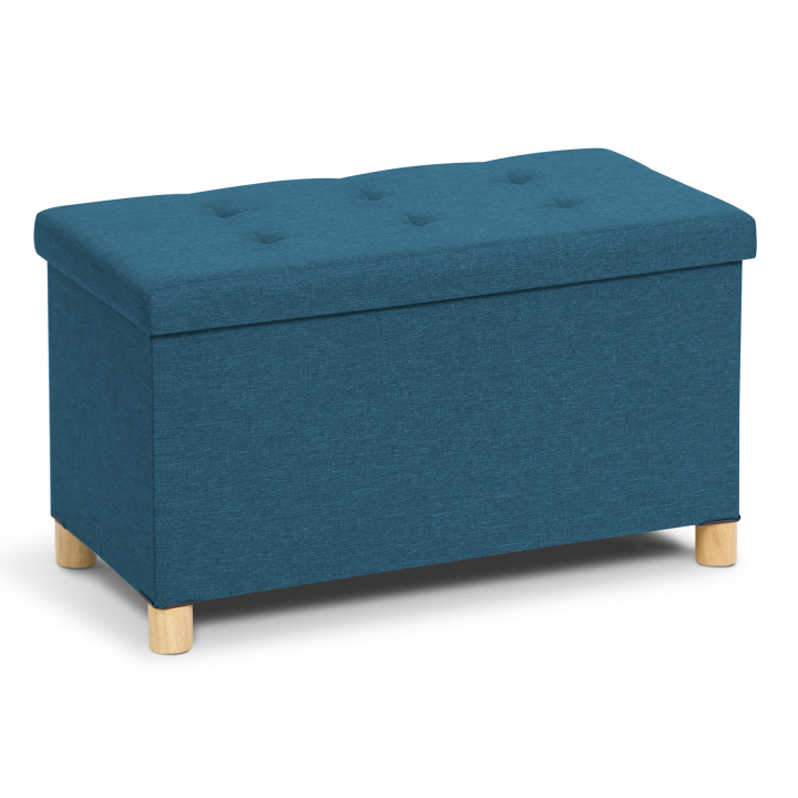 Banc coffre rangement sur pied 76 cm tissu bleu canard