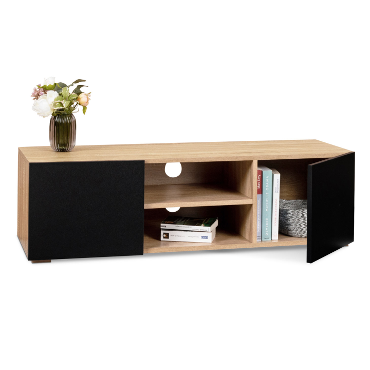 Meuble TV 113 cm ELI bois façon hêtre portes noires