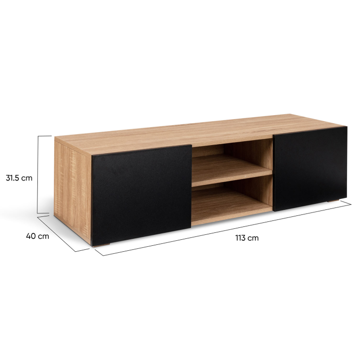 Meuble TV 113 cm ELI bois façon hêtre portes noires