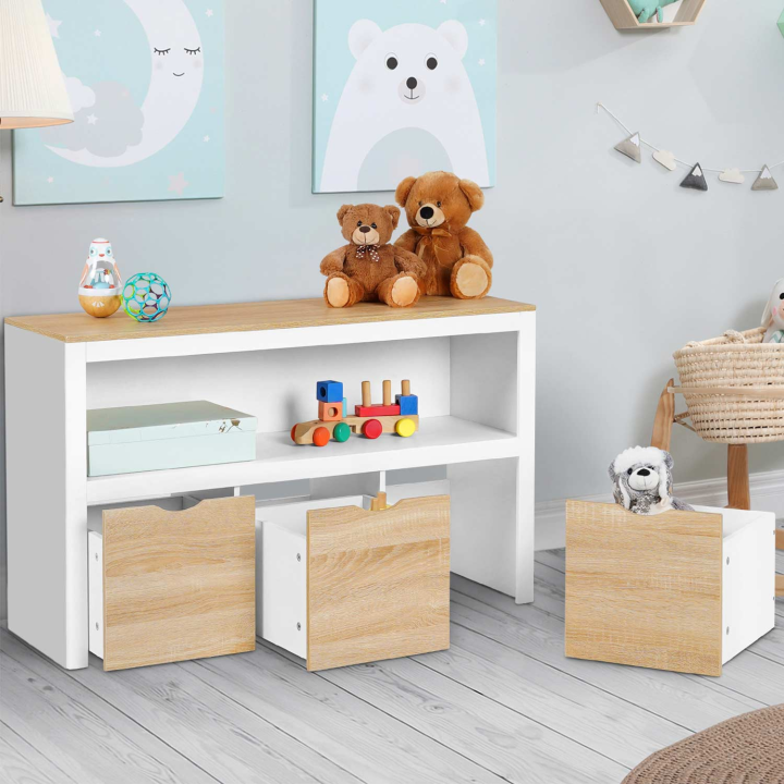 Meuble de rangement enfant MANA blanc et hêtre 3 tiroirs cubes sur roulettes