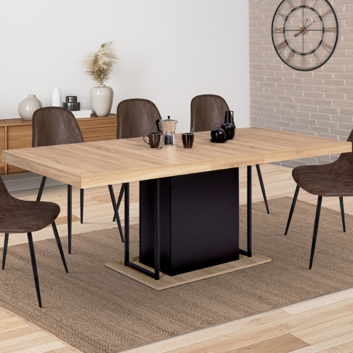 Table à manger extensible rectangle UGO 6-10 personnes bois façon hêtre et noir 160-200 cm design industriel