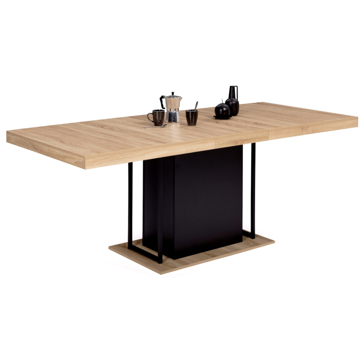 Table à manger extensible rectangle UGO 6-10 personnes bois façon hêtre et noir 160-200 cm design industriel