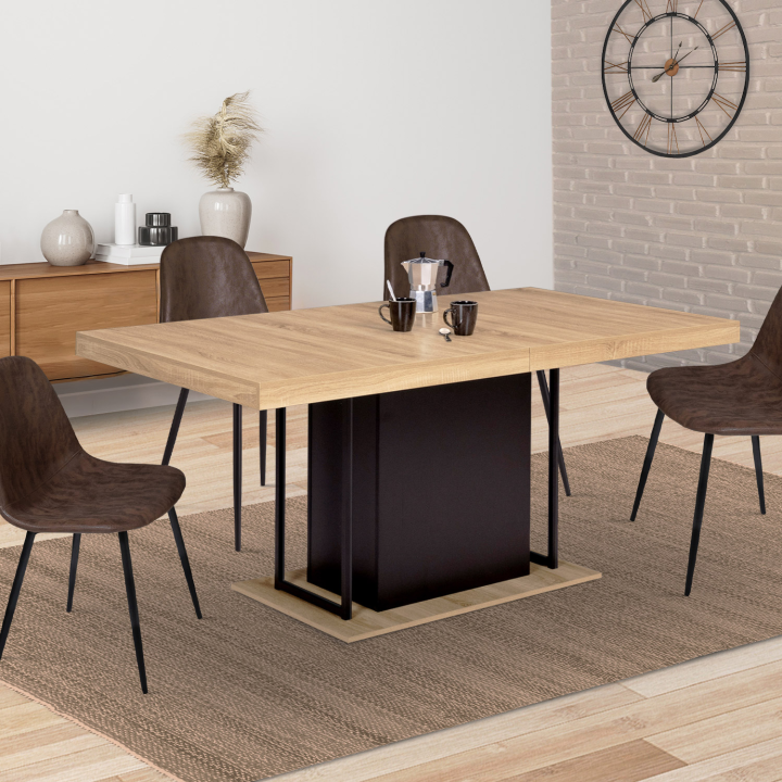 Table à manger extensible rectangle UGO 6-10 personnes bois façon hêtre et noir 160-200 cm design industriel