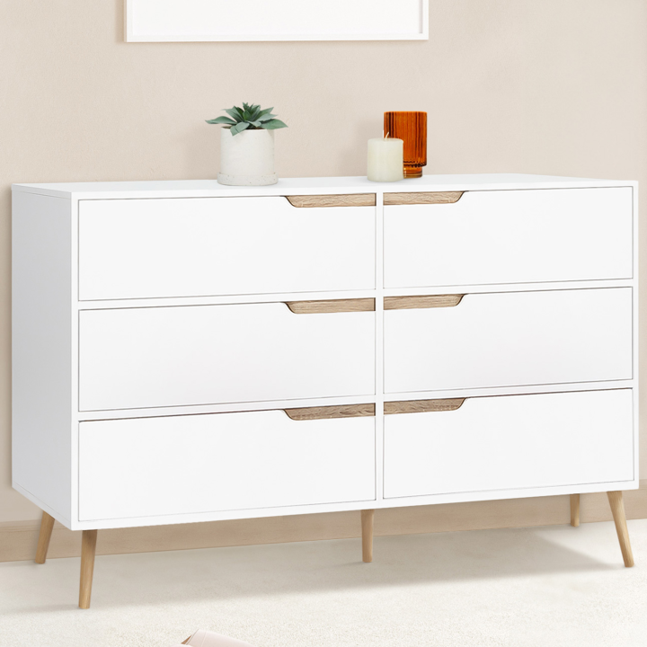 Commode 6 tiroirs HELSINKI scandinave blanc et bois