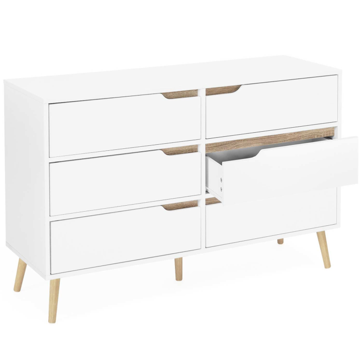 Commode 6 tiroirs HELSINKI scandinave blanc et bois