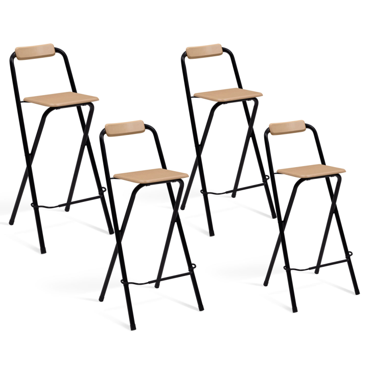 Lot de 4 tabourets de bar pliants DETROIT structure noire avec assise effet bois design industriel