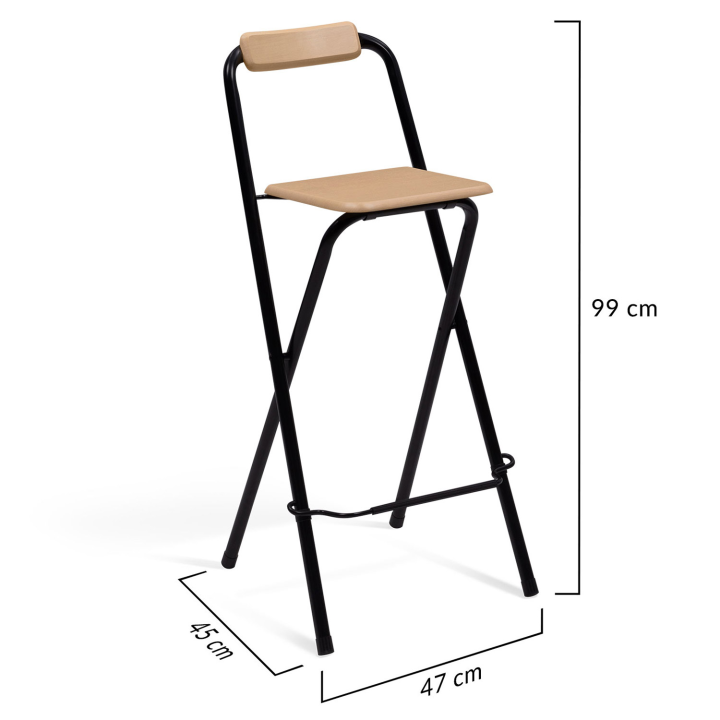 Lot de 4 tabourets de bar pliants DETROIT structure noire avec assise effet bois design industriel