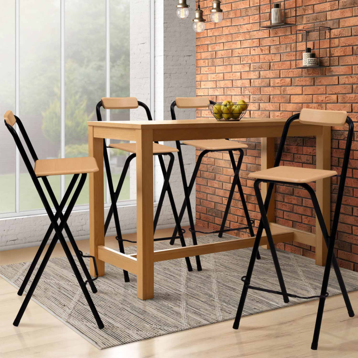 Lot de 4 tabourets de bar pliants DETROIT structure noire avec assise effet bois design industriel