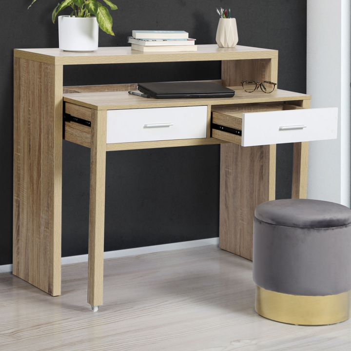 Bureau extensible bois blanc et imitation hêtre