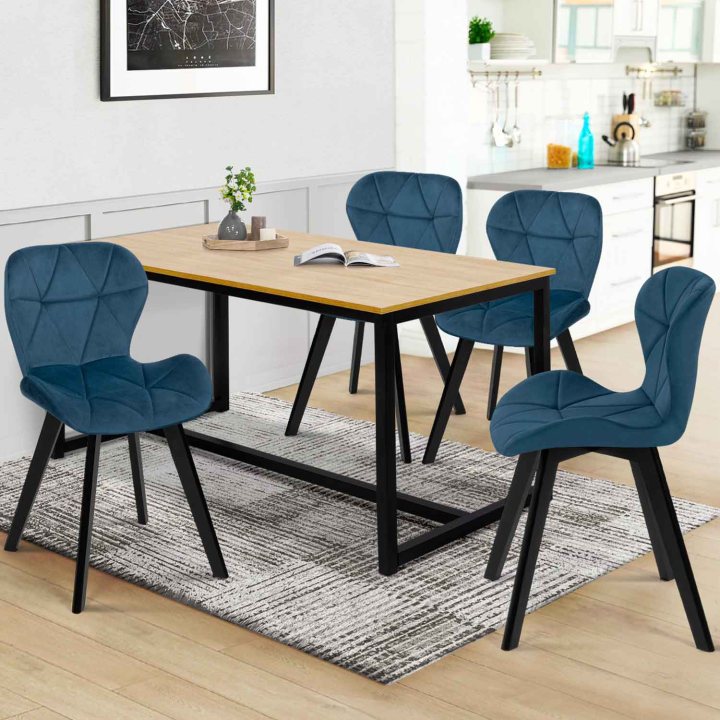 Lot de 4 chaises ROBINE en velours bleu pieds noirs