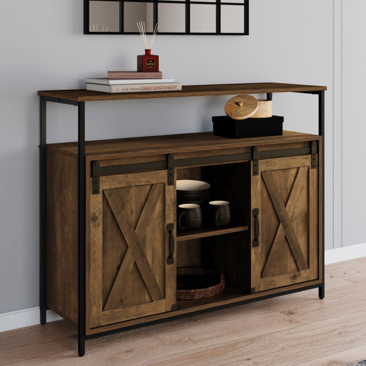 Buffet 2 portes grange coulissantes 100 cm MONTREAL bois effet vieilli design industriel