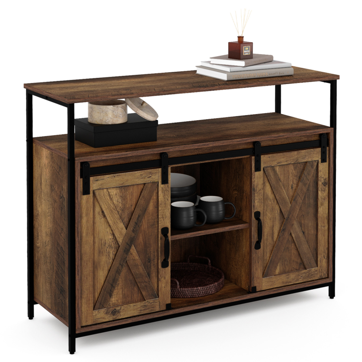 Buffet 2 portes grange coulissantes 100 cm MONTREAL bois effet vieilli design industriel