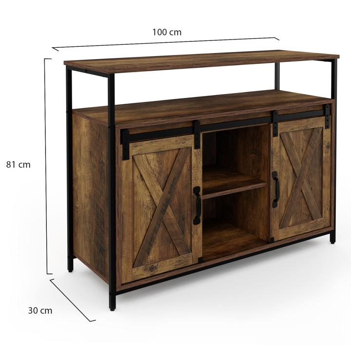 Buffet 2 portes grange coulissantes 100 cm MONTREAL bois effet vieilli design industriel