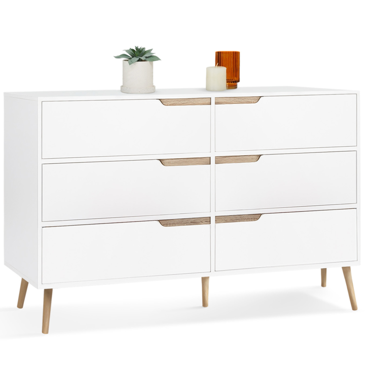 Commode 6 tiroirs HELSINKI scandinave blanc et bois