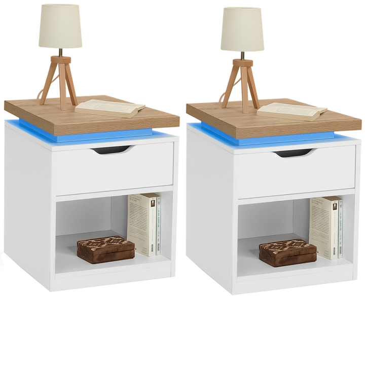 Lot de 2 tables de chevet LEDS avec 1 tiroir + 1 niche