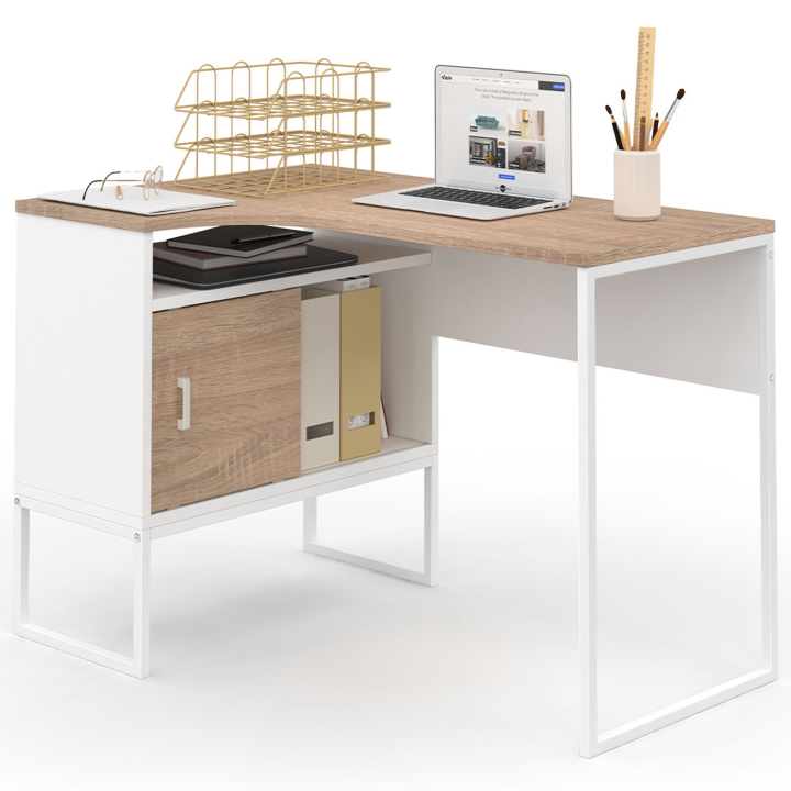 Bureau d'angle ROB blanc et façon hêtre design industriel