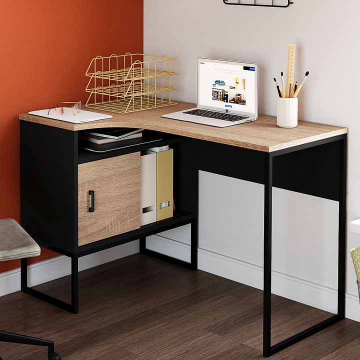 Bureau d'angle ROB noir et façon hêtre design industriel