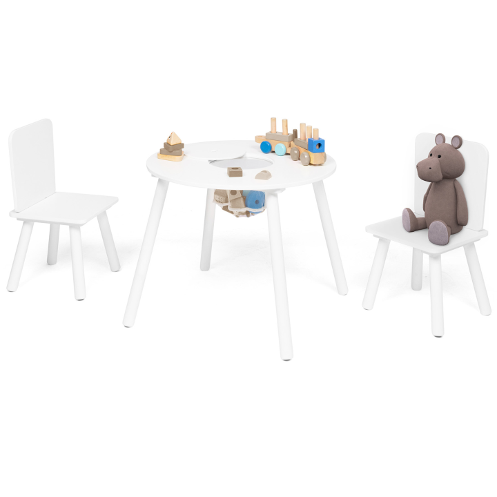 Table + 2 chaises enfant avec espace de rangement en bois blanc