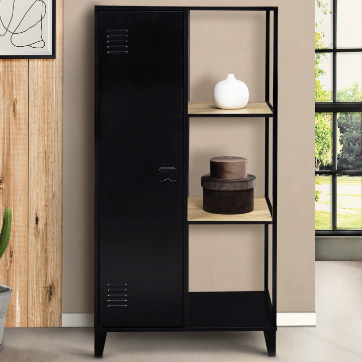 Armoire-étagère penderie ESTER 1 porte métal noir et plateaux bois design industriel