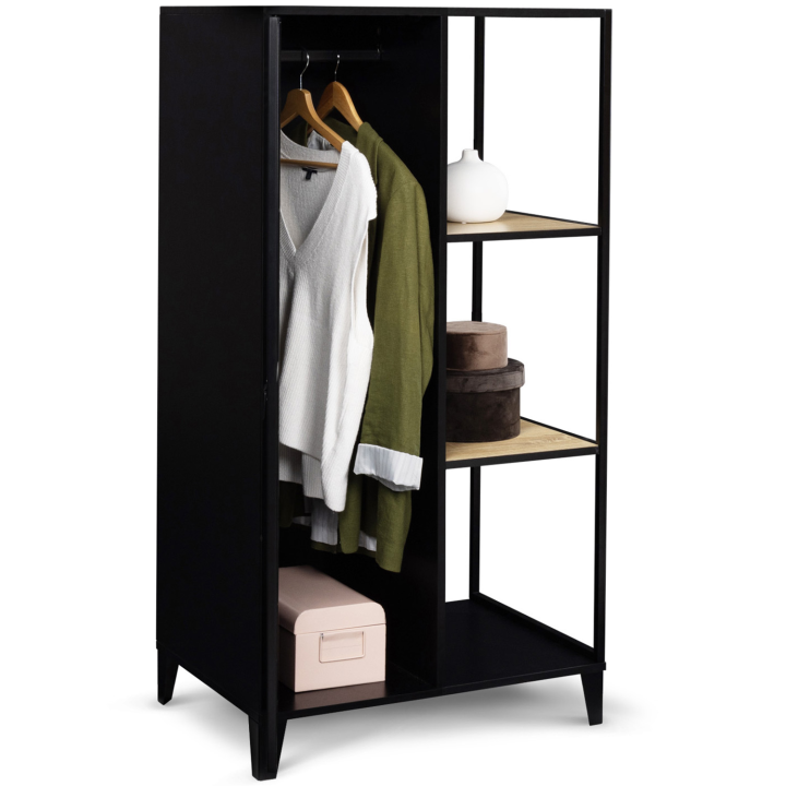 Armoire-étagère penderie ESTER 1 porte métal noir et plateaux bois design industriel