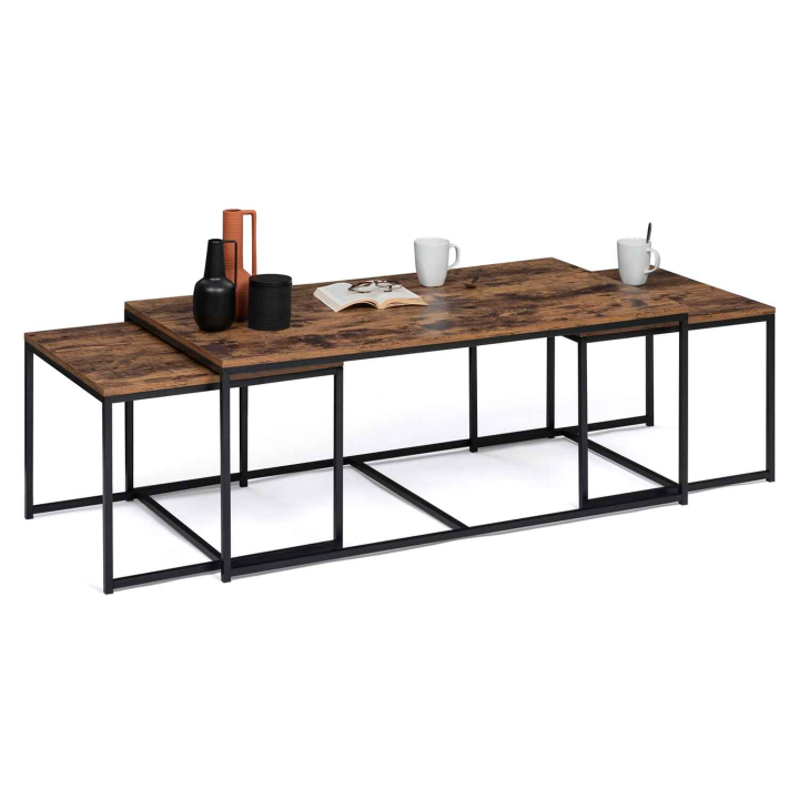 Lot de 3 tables basses gigognes DAYTON 113 cm effet vieilli design industriel