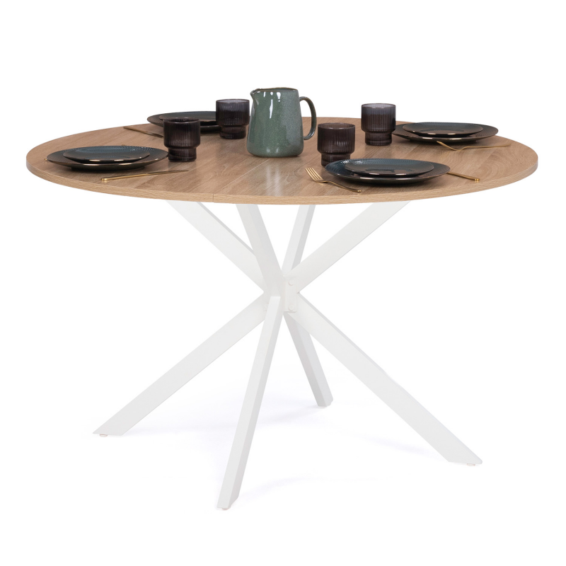Petite table ronde avec pied central en bois et plateau blanc anthracite.