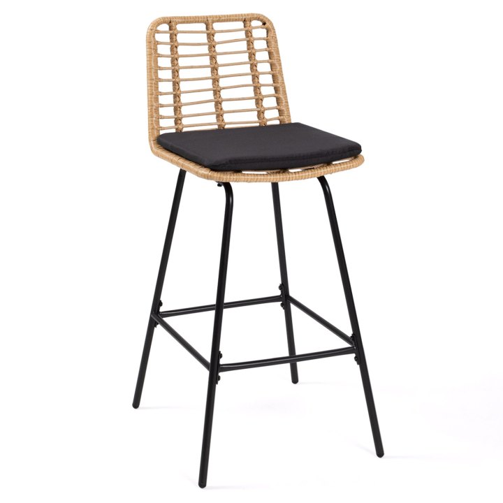 Lot de 2 tabourets de bar SUMMER effet rotin pied métal noir