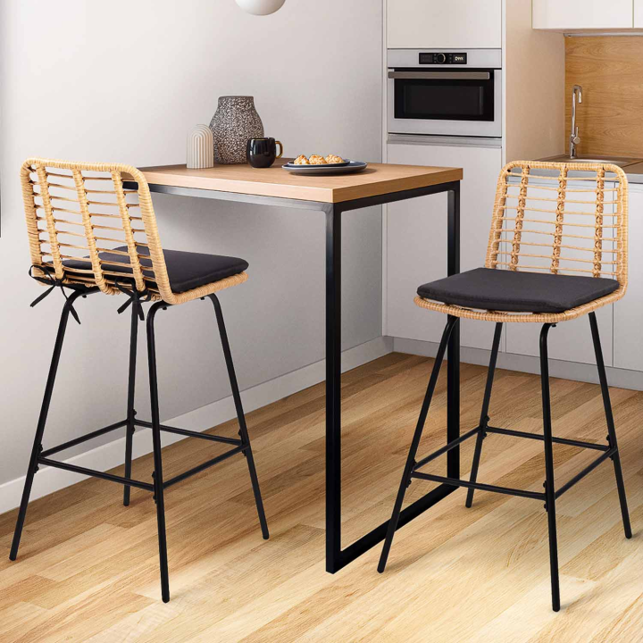 Lot de 2 tabourets de bar SUMMER effet rotin pied métal noir