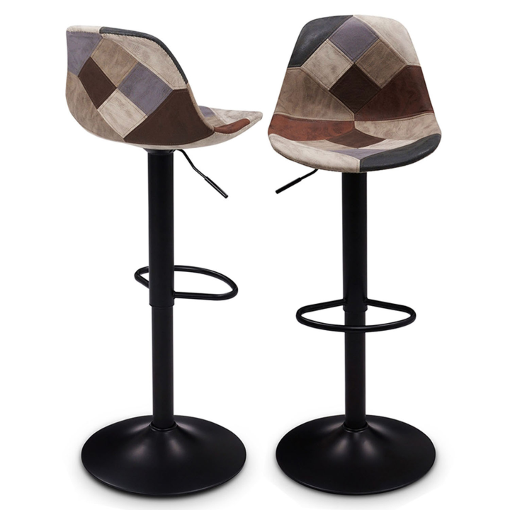 Lot de 2 tabourets de bar KARL design patchworrks marron, gris et beiges pied noir