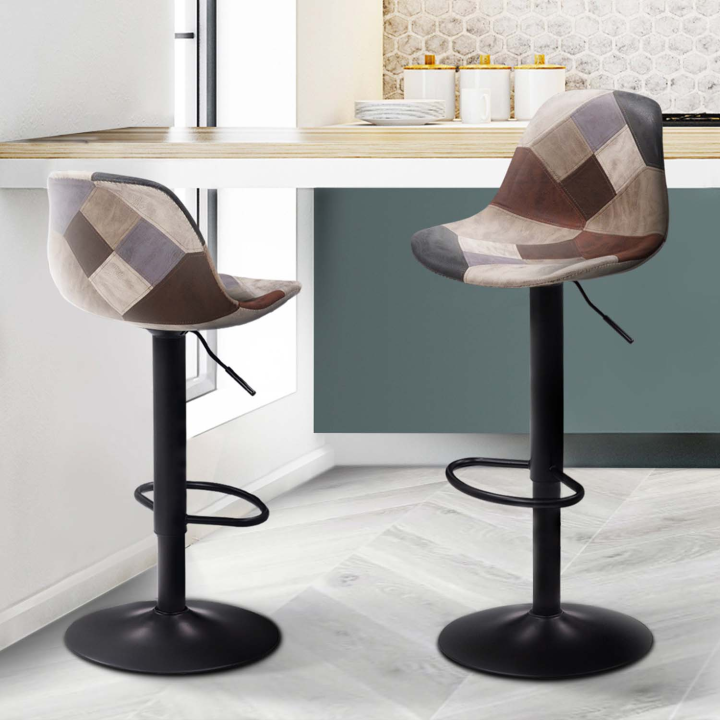 Lot de 2 tabourets de bar KARL design patchworrks marron, gris et beiges pied noir