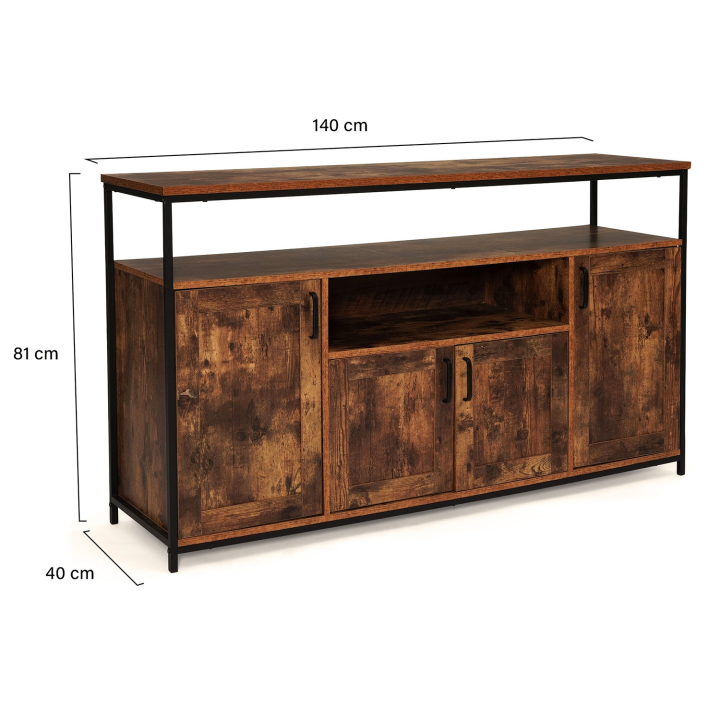 Buffet 4 portes 140 cm DAYTON avec niche effet vieilli design industriel