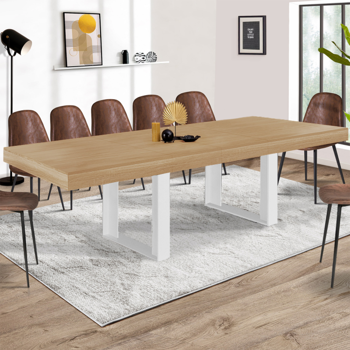 Table à manger extensible rectangle PHOENIX 10-12 personnes bois et blanc 200-300 cm