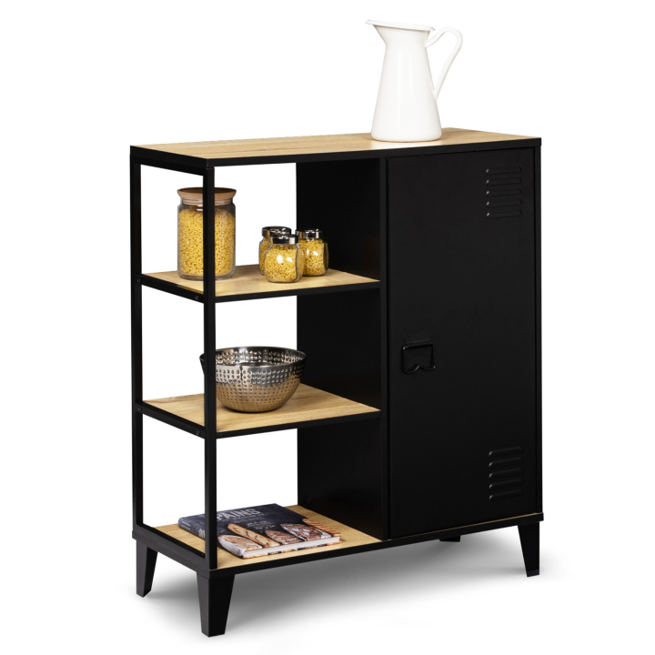 Buffet d'appoint 3 étagères et placard métal noir et plateau bois 70 cm ESTER design industriel