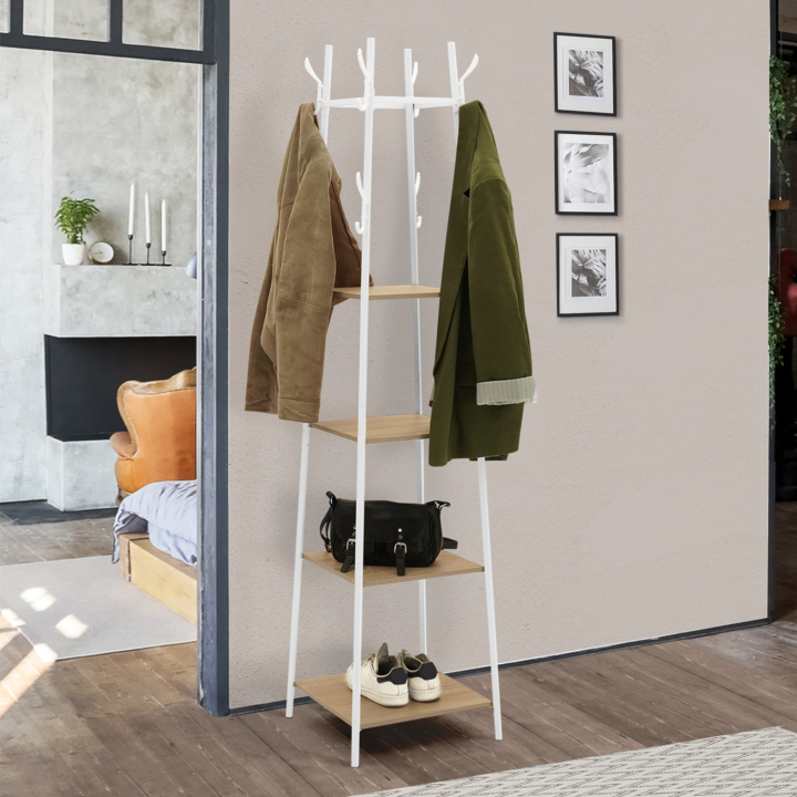 Porte-manteau TIANO design industriel bois et métal blanc