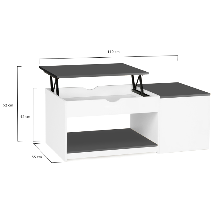 Table basse 2 plateaux relevables EYLA avec coffre bois blanc et gris