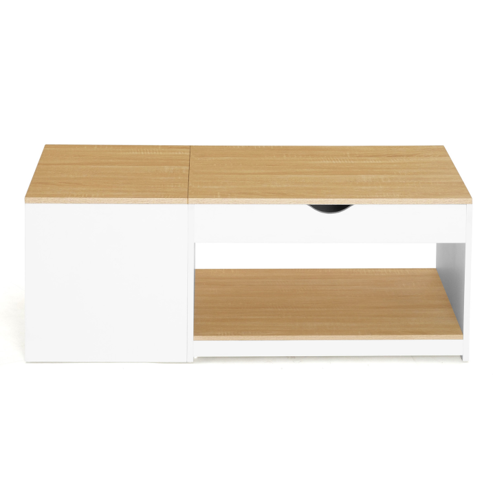 Table basse 2 plateaux relevables EYLA avec coffre bois blanc et façon hêtre